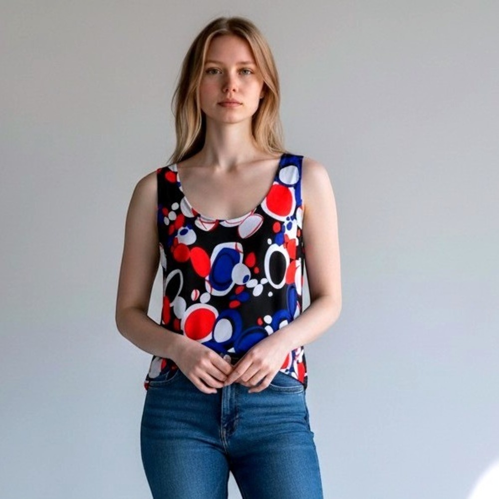 Perceptions Red Blue Black White Geometric Bubble Print Tank Top L /#26767